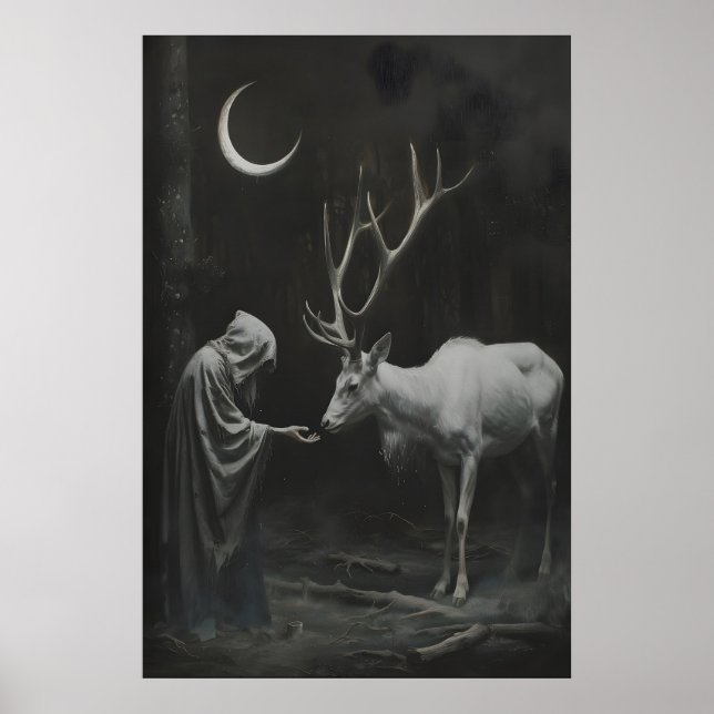 Hexender Hirsch Kunstprint, zunehmender Mond dunke Poster (Vorne)