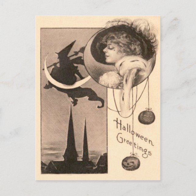 Hexenfrau Halbmond-Kürbisgesicht Postkarte (Vorderseite)