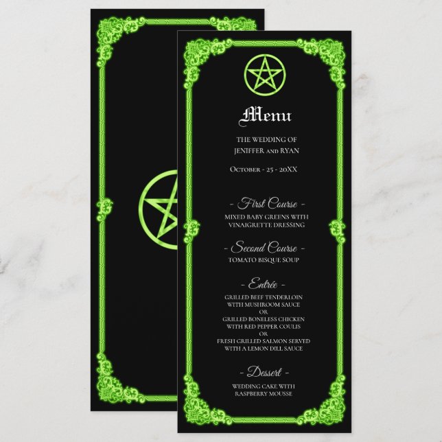 Hexengrünes Gothic-Hochzeitsmenü mit Glanz Menükarte (Vorne/Hinten)