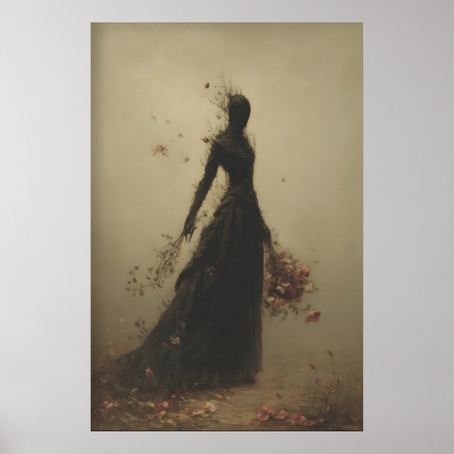 Hexenhafte Frauenfigur, die Blumen hält, löst sich Poster (Vorne)