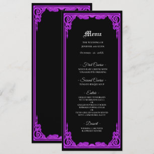 Hexenhafte lila Glut Gothische Hochzeitsmenü Menükarte