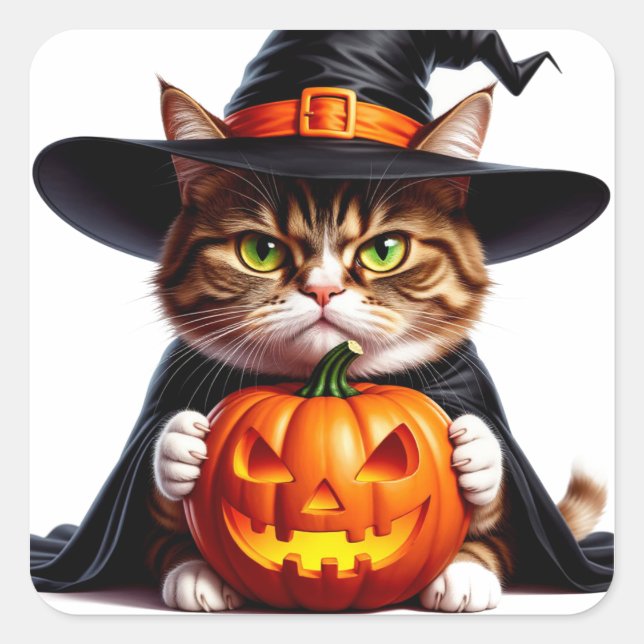 Hexenhaftes mürrisches Kätzchen mit Jack O Lantern Quadratischer Aufkleber (Vorderseite)