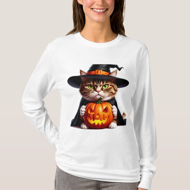 Hexenhaftes mürrisches Kätzchen mit Jack O Lantern T-Shirt (Vorderseite)