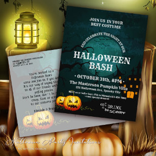 Hexenhaus-Kürbisse Vollmond Halloween-Einladung Postkarte