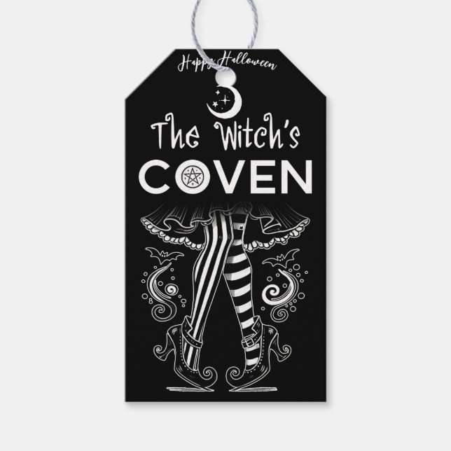 Hexenhecht Schwarz-weißes Halloween Geschenkanhänger (Vorderseite)