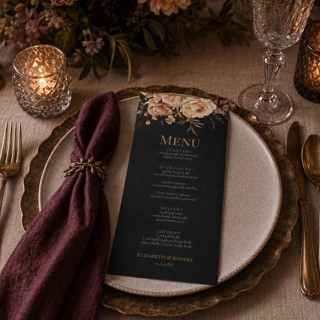 Hexenhochzeitsmenü Schwarze Florale Menükarte (Forest Witch Black Floral Wedding Menu)