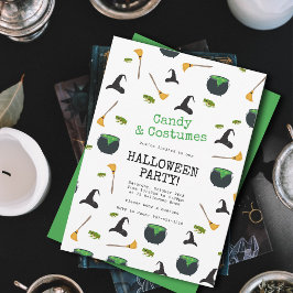 Hexenhut Broom Caldron Green Halloween-Party Einladung