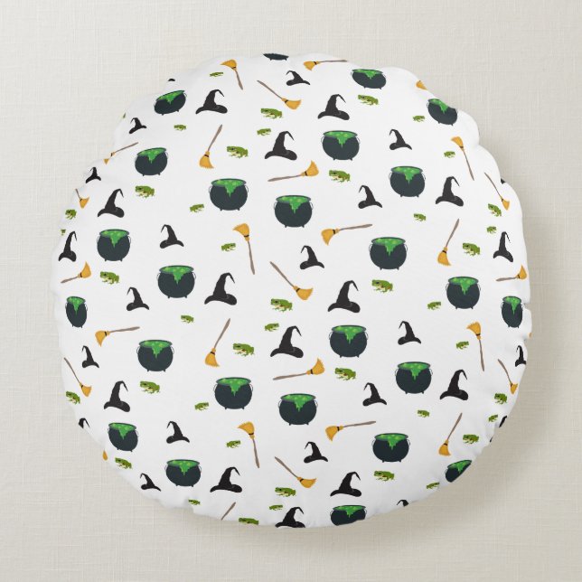 Hexenhut Broom Caldron Halloween Muster Rundes Kissen (Vorderseite)