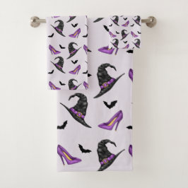 Hexenhut Lilac-Heelse mit Fledermausmuster Badhandtuch Set