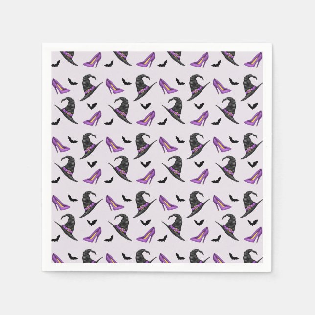 Hexenhut mit Schuhen Lila Halloween-Muster Serviette (Vorderseite)
