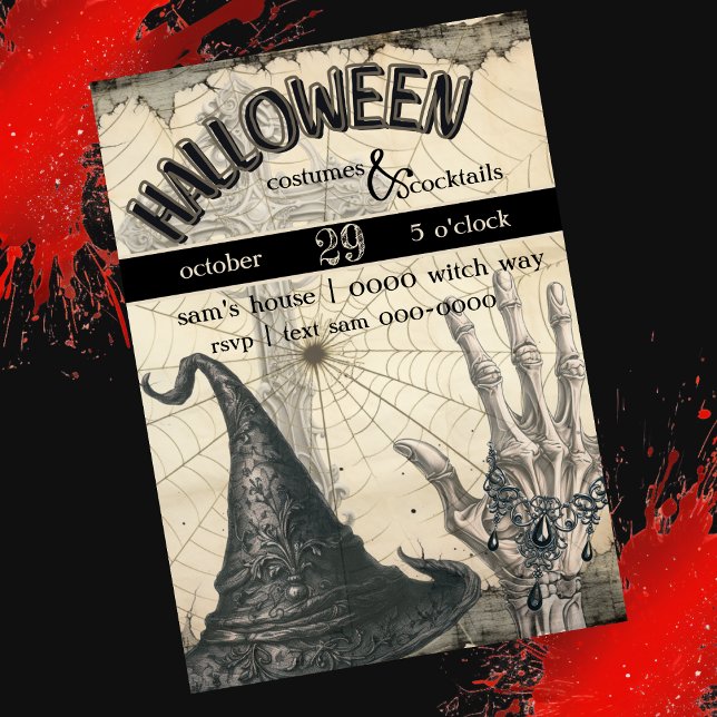 Hexenhut | Skeletthand | Spider-WebHalloween Einladung (Spooky cocktails and costumes Halloween party invitation with witch hat and spider webs. )