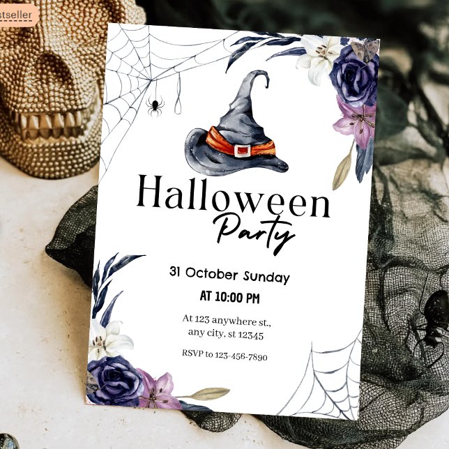 Hexenhut & Spiderweb Wasserfarben-Halloween-Party Einladung (Witch Hat & Spiderweb Watercolor Halloween Party Invitation
)