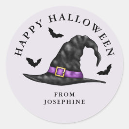 Hexenhut und Fledermäuse Lilac Happy Halloween Runder Aufkleber