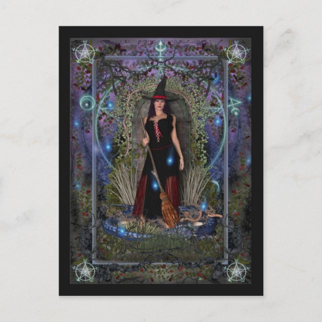 Hexenkarte - Blauer Mond Hexe & Drache Postkarte (Vorderseite)