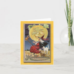 Hexenkarte Halloween im Vintage-Flugstil Feiertagskarte