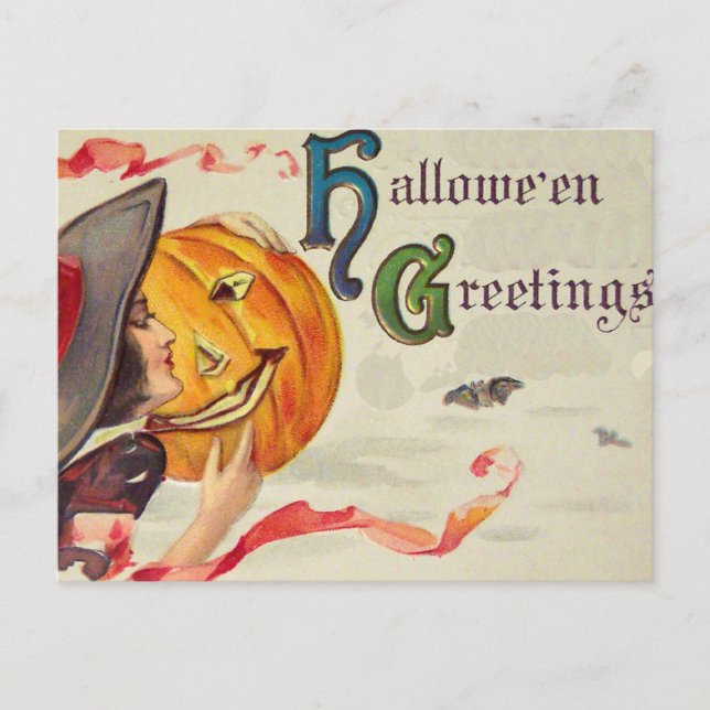 Hexenkarte & Kürbis (Vintage Halloweenkarte) Postkarte (Vorderseite)