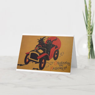 Hexenkarte mit Vintage-Hexen und schwarzer Katze i Karte