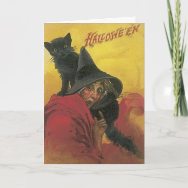 Hexenkarte und Schwarze Katze Halloween-Karte Karte (Vorderseite)