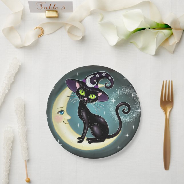 Hexenkatze auf Crescent Moon Halloween Wicca Pappteller (Hochzeit)