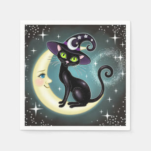 Hexenkatze auf Crescent Moon Halloween Wicca Serviette