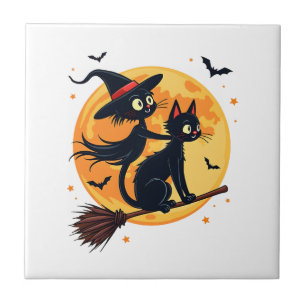 Hexenkatze auf einem Besenstiel � Halloween Nacht Fliese
