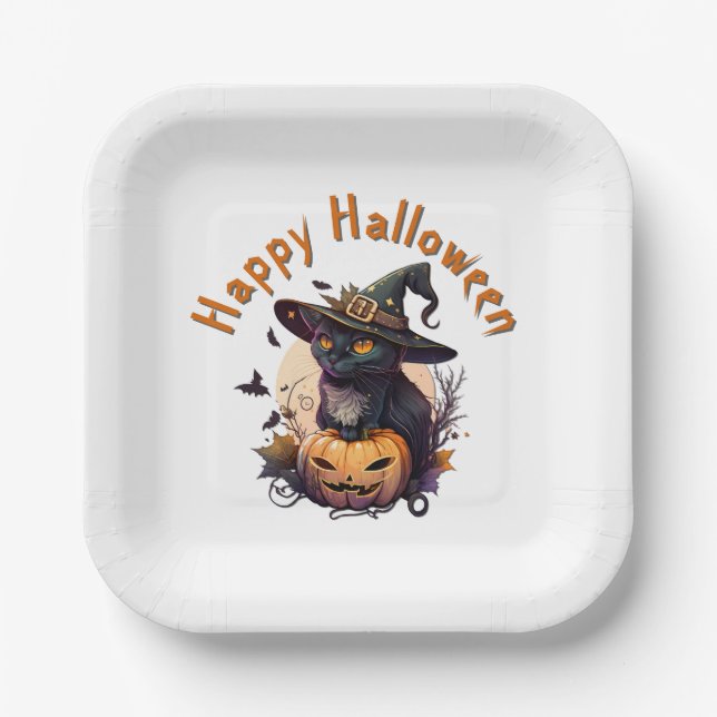 Hexenkatze für glückliches Halloween Pappteller (Vorderseite)