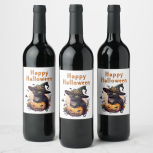 Hexenkatze für glückliches Halloween Weinetikett