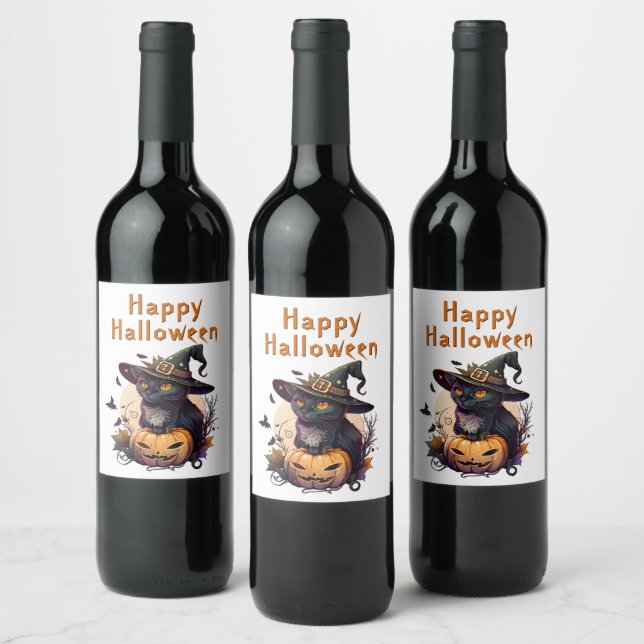 Hexenkatze für glückliches Halloween Weinetikett (Flaschen)
