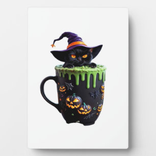 Hexenkatze Halloween-Kaffeetasse – Süße schwarze K Fotoplatte