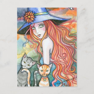 Hexenkatze Halloween Kunst Postkarte von Molly Har