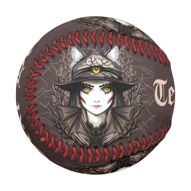 Hexenkatze Halloween Niedliches Portrait Baseball (Vorderseite Links)