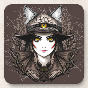 Hexenkatze Halloween Niedliches Portrait Getränkeuntersetzer