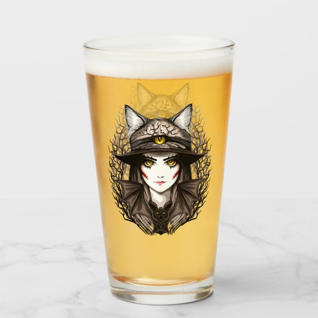 Hexenkatze Halloween Niedliches Portrait Glas (Vorne (Gefüllt))