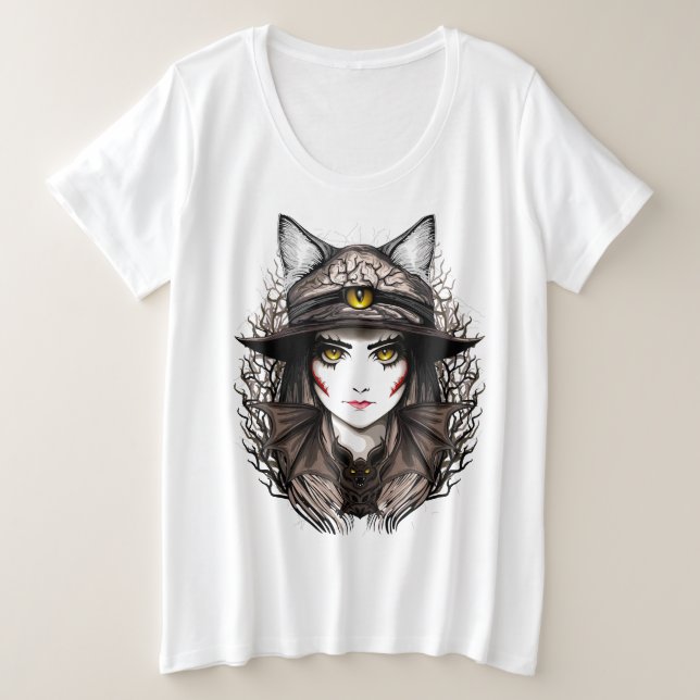 Hexenkatze Halloween Niedliches Portrait Große Größe T-Shirt (Design vorne)