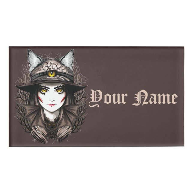 Hexenkatze Halloween Niedliches Portrait Namenschild (Vorderseite)