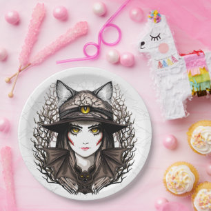 Hexenkatze Halloween Niedliches Portrait Pappteller
