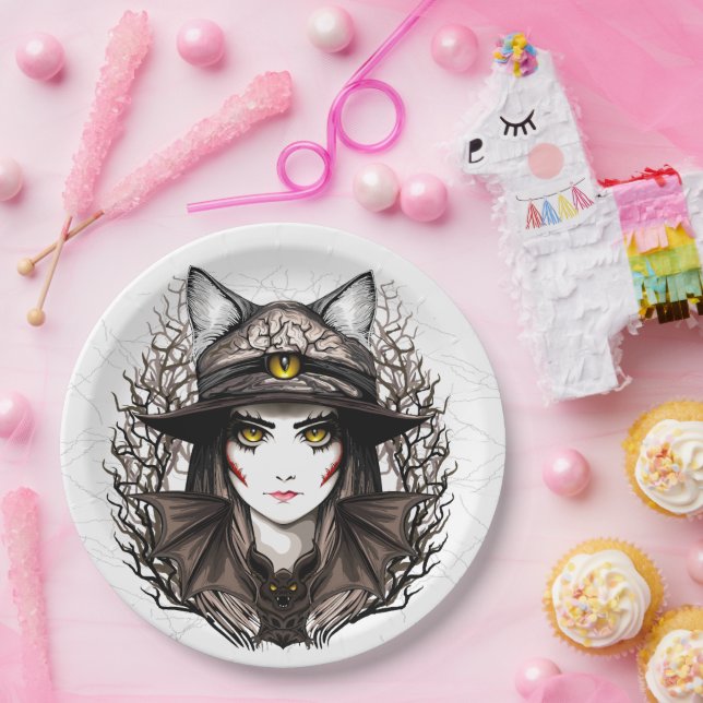 Hexenkatze Halloween Niedliches Portrait Pappteller (Party)