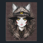Hexenkatze Halloween Niedliches Portrait Puzzle<br><div class="desc">Niedliche junge,  gruselige Katzen-Hexe mit dem dritten Auge,  ein böses Bat als Halskette,  und eine tote Bäume und Risse Hintergrund. Seltsame Emo Girl Kostüme zu Halloween Holidays. Vector Illustration Copyright BluedarkArt TheChameleonArt.</div>