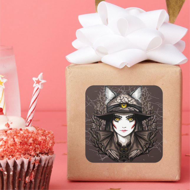 Hexenkatze Halloween Niedliches Portrait Quadratischer Aufkleber (Party)