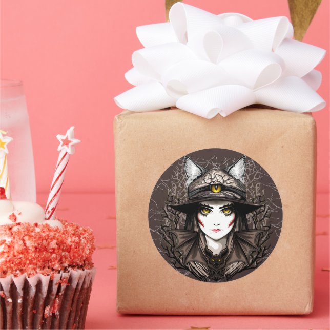 Hexenkatze Halloween Niedliches Portrait Runder Aufkleber (Party)