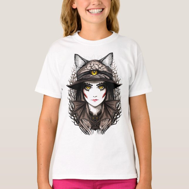 Hexenkatze Halloween Niedliches Portrait T-Shirt (Vorderseite)