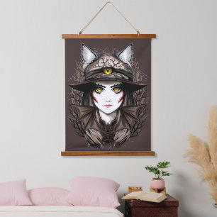 Hexenkatze Halloween Niedliches Portrait Wandteppich Mit Holzrahmen