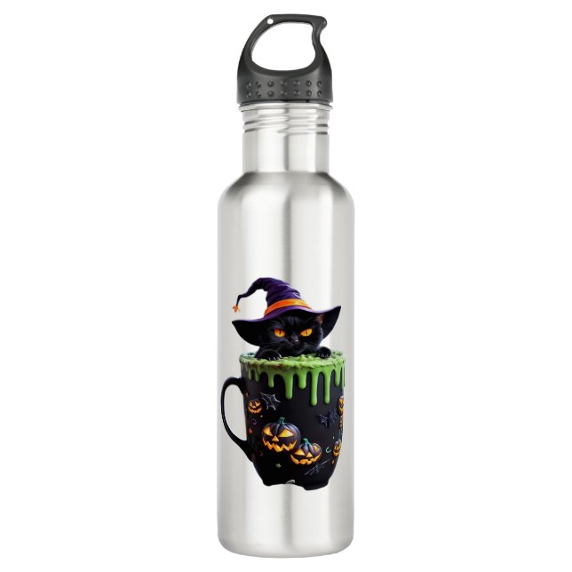 Hexenkatze Halloween Tasse - Niedlicher Schwarzer  Edelstahlflasche (Vorderseite)