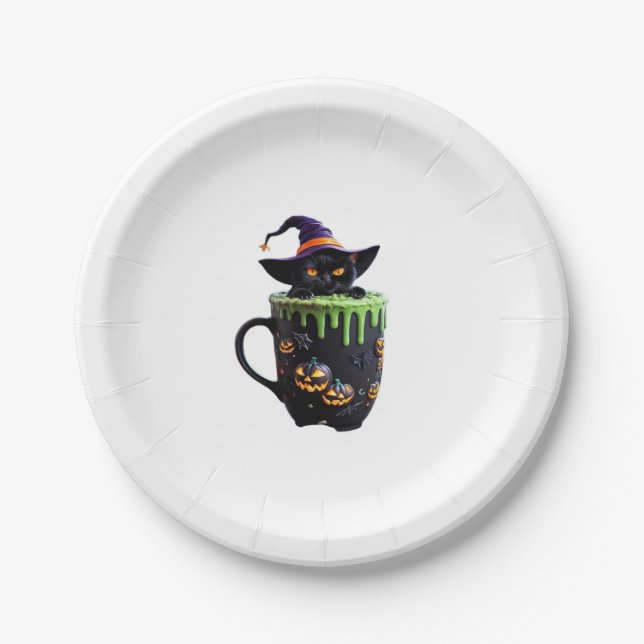 Hexenkatze Halloween Tasse - Niedlicher Schwarzer  Pappteller (Vorderseite)