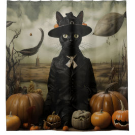 Hexenkatze mit Kürbissen Duschvorhang