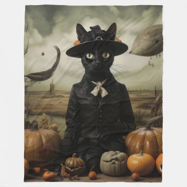 Hexenkatze mit Kürbissen  Fleecedecke (Vorderseite)