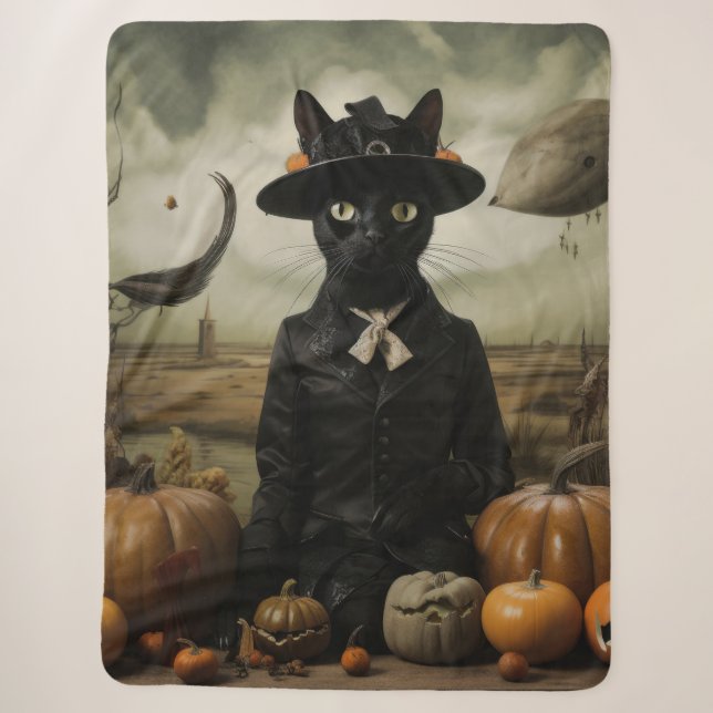 Hexenkatze mit Kürbissen  Sherpadecke (Vorderseite)