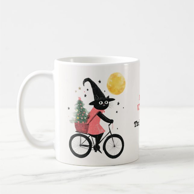 Hexenkatze Radfahren mit Weihnachtsbaum Quirky Wei Kaffeetasse (Links)