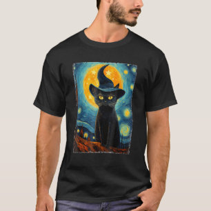 Hexenkatze Sternennacht Van Gogh Retro Halloween C T-Shirt