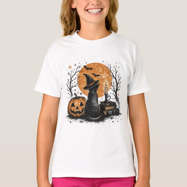 Hexenkatze und Kürbis T-Shirt (Vorderseite)